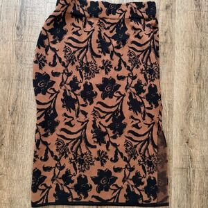 Cherie Collette Brown Black Floral Knit Midi Skirt Side‎ Slit Medium BS0071-SET